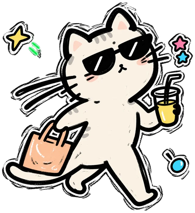 戴墨镜、拎购物袋和饮料的陪伴小猫